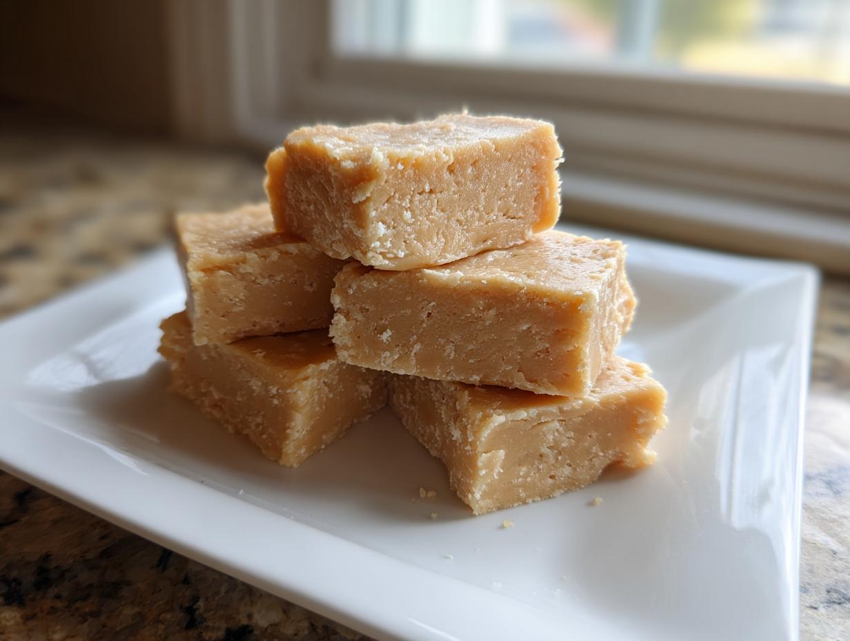 A stack of five creamy, light brown peanut butter fudge squares served on a white square plate.
