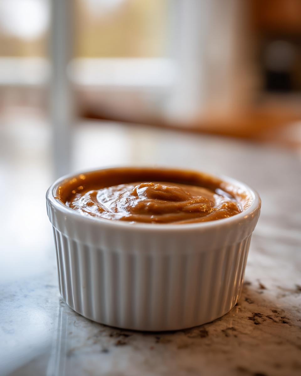 Close-up of thick, creamy peanut sauce served in a small white fluted ramekin on a marble counter.