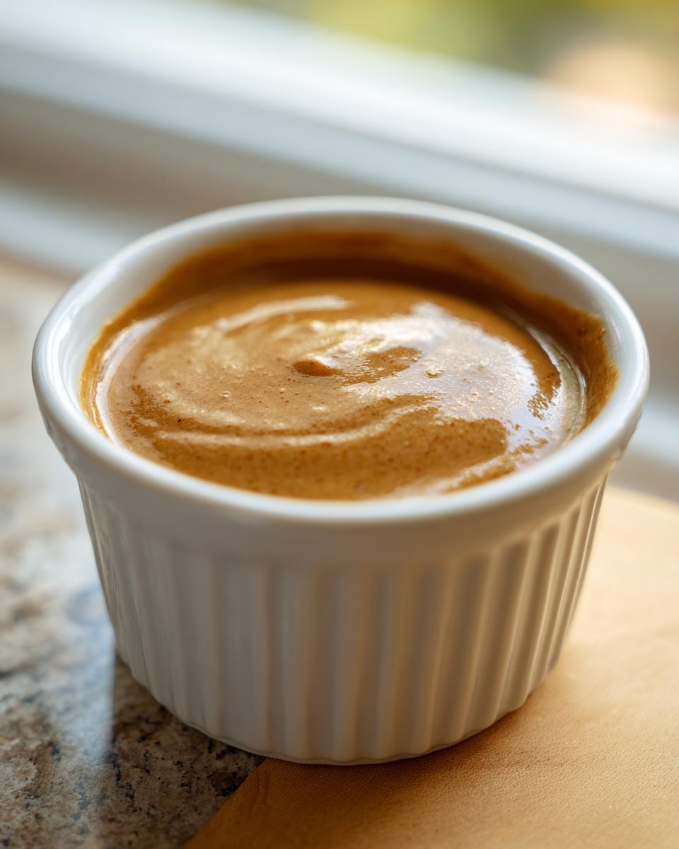 Close-up of thick, creamy peanut sauce served in a small white fluted ramekin.