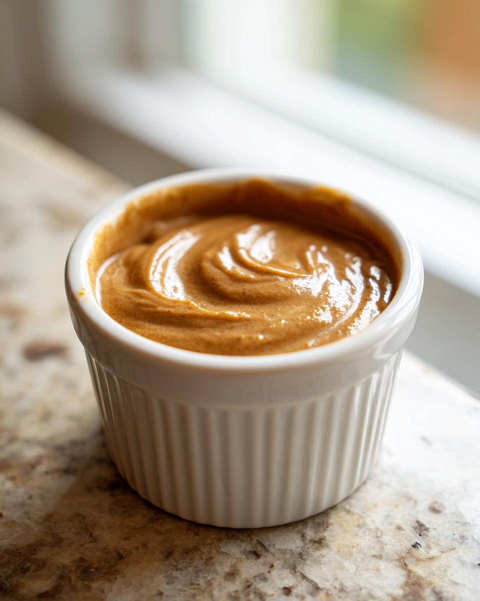 Close-up of rich, creamy peanut sauce swirled inside a small white ramekin, set on a granite countertop.