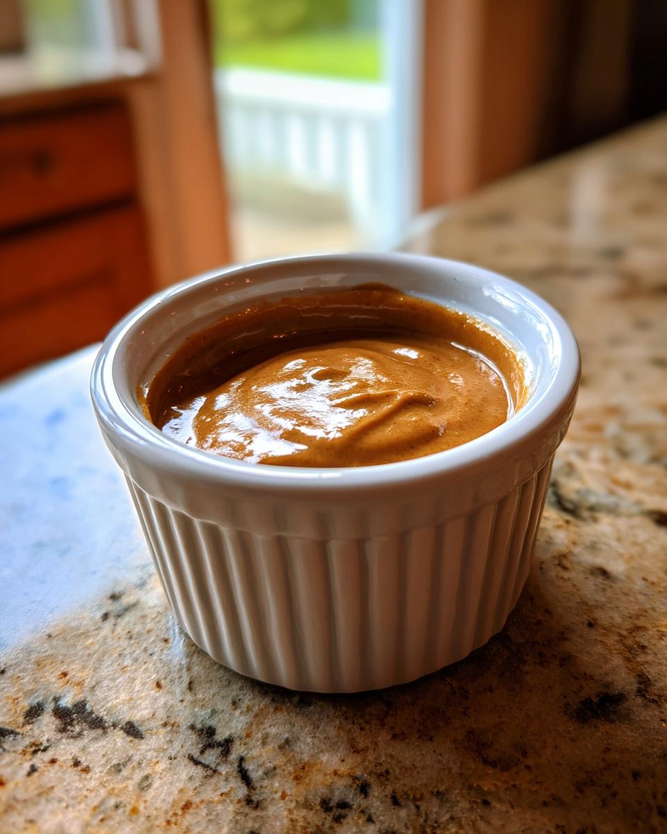 A close-up of thick, creamy peanut sauce served in a small white fluted ramekin on a granite countertop.