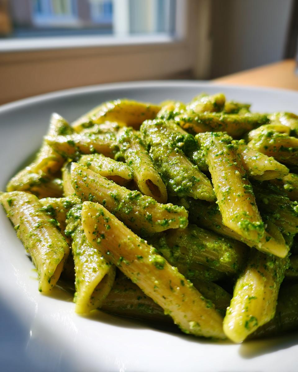 Close-up shot of penne pasta coated generously in vibrant green creamy pesto pasta sauce, served in a white bowl.