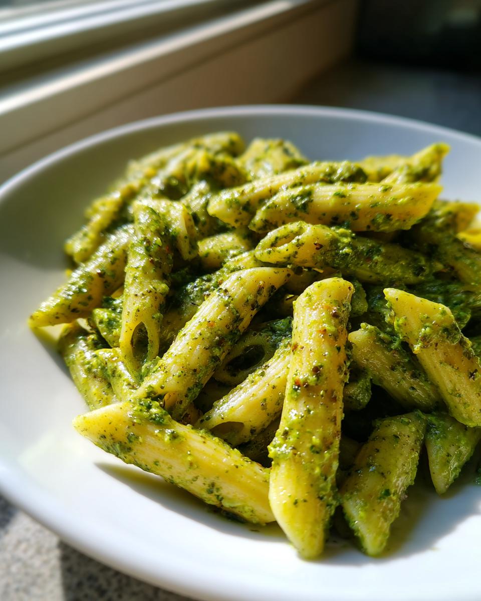 A close-up shot of penne pasta coated thoroughly in vibrant green creamy pesto pasta sauce, served in a white bowl.