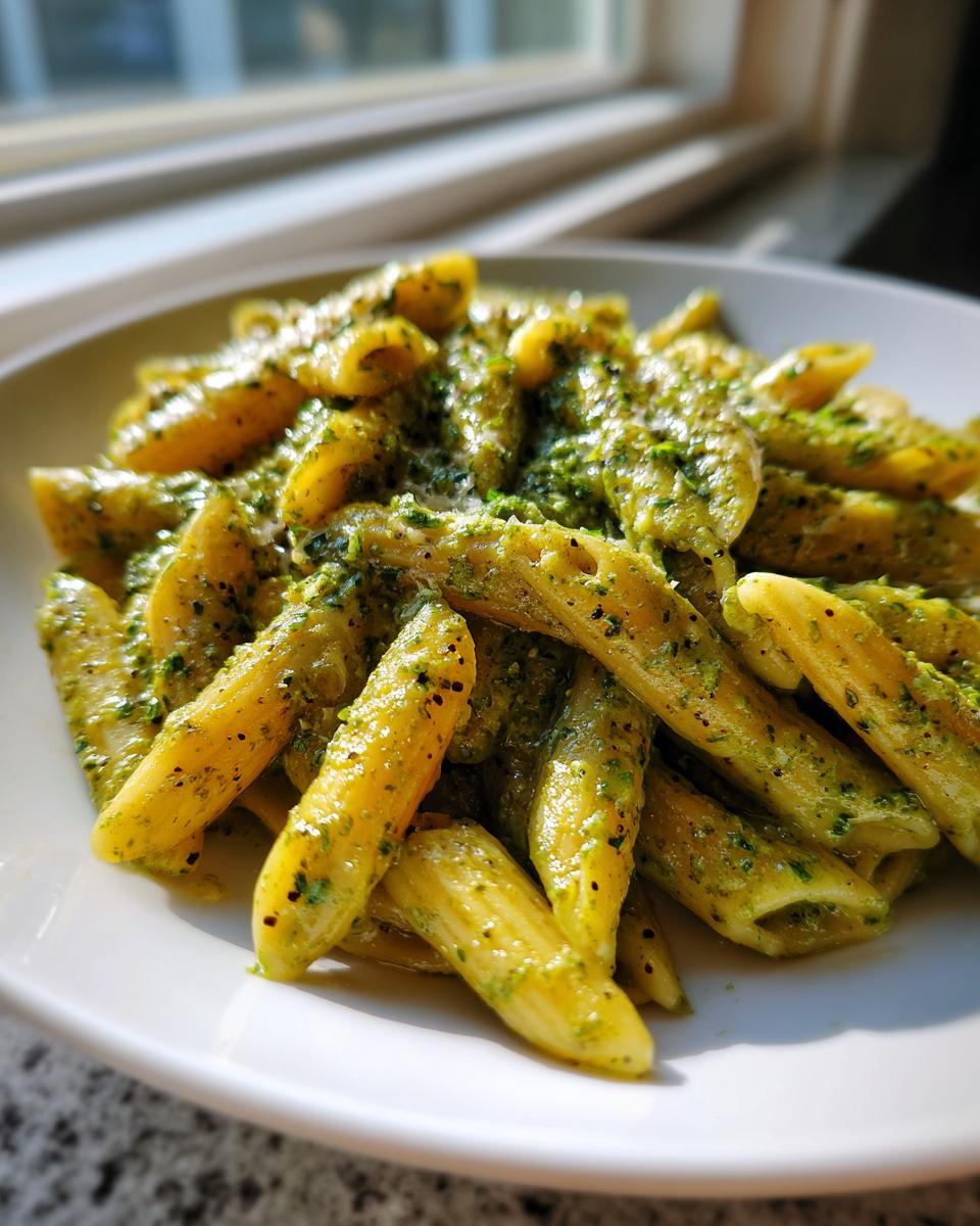 A close-up shot of penne pasta coated in vibrant, creamy pesto pasta sauce served on a white plate.