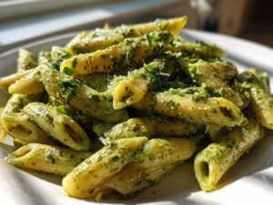 A close-up shot of penne pasta coated generously in vibrant green creamy pesto pasta sauce, garnished with herbs.