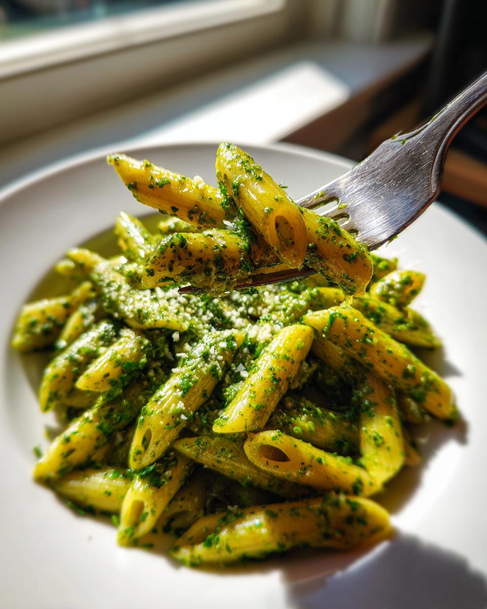 A fork lifts penne pasta coated in vibrant green sauce, showcasing the creamy pesto pasta dish.