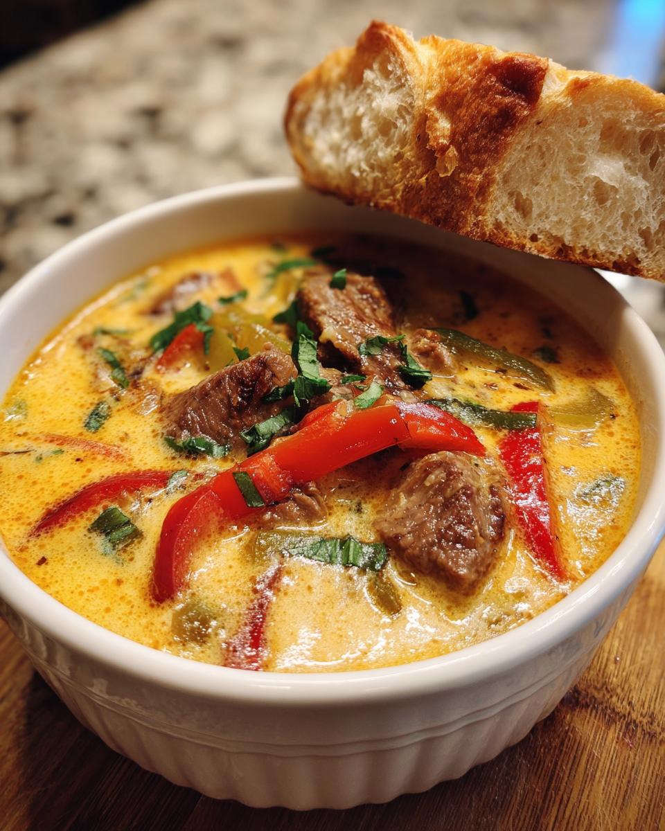 A close-up of a bowl of creamy philly cheese steak soup, topped with beef, peppers, and fresh herbs, served with a slice of bread.