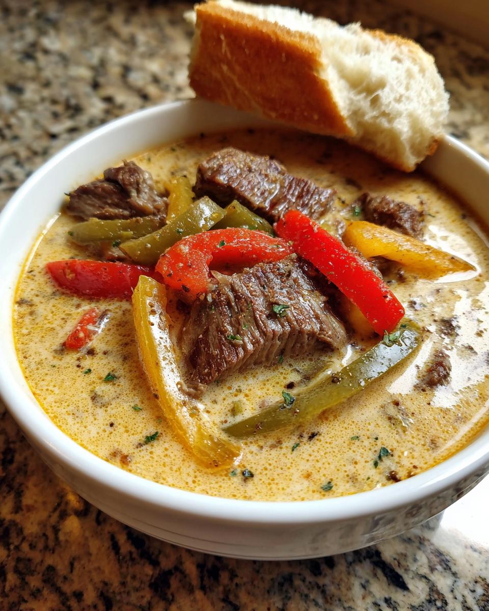 A close-up of a bowl of creamy philly cheese steak soup, featuring chunks of beef and colorful bell peppers.