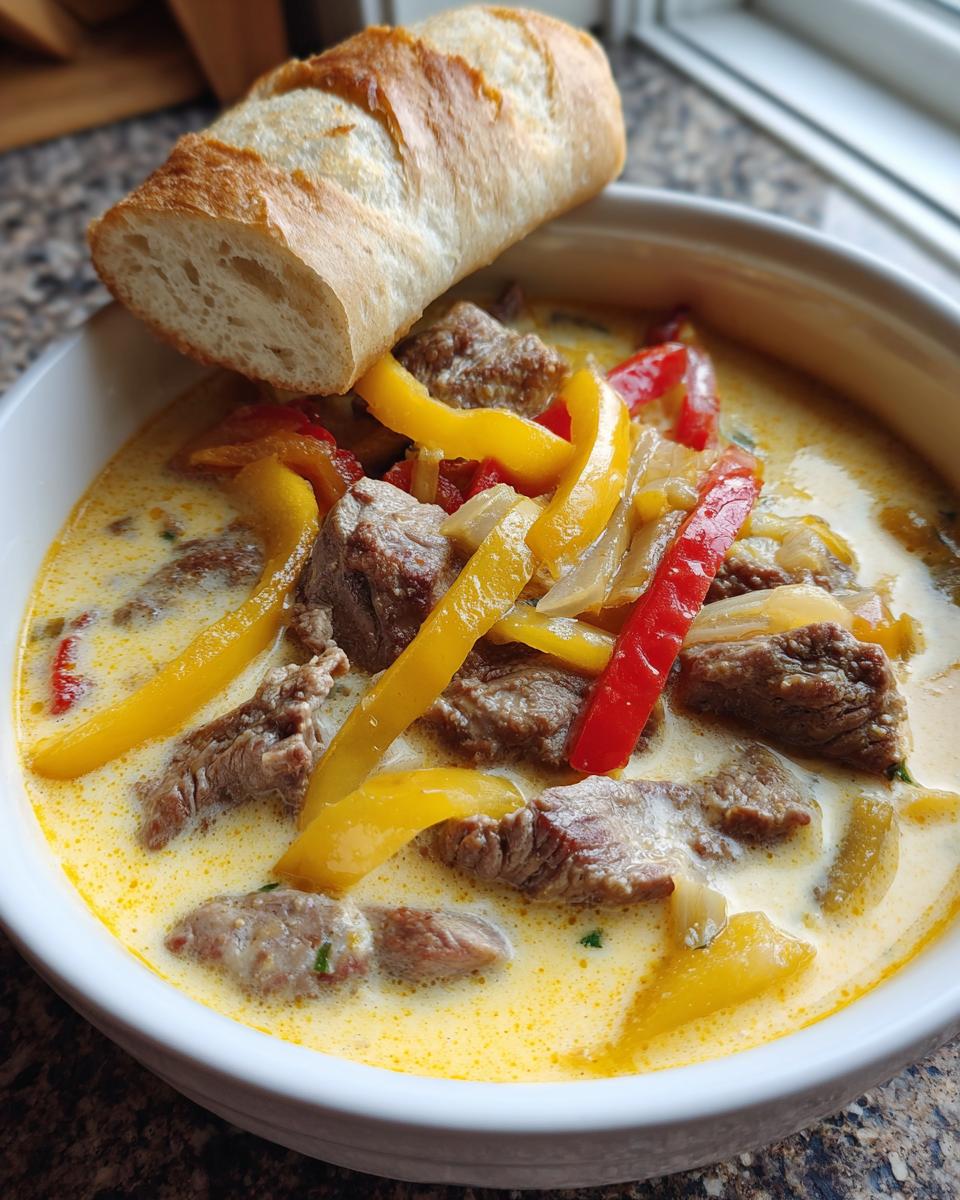 A bowl of creamy philly cheese steak soup filled with steak pieces, yellow and red peppers, served with a piece of crusty bread.
