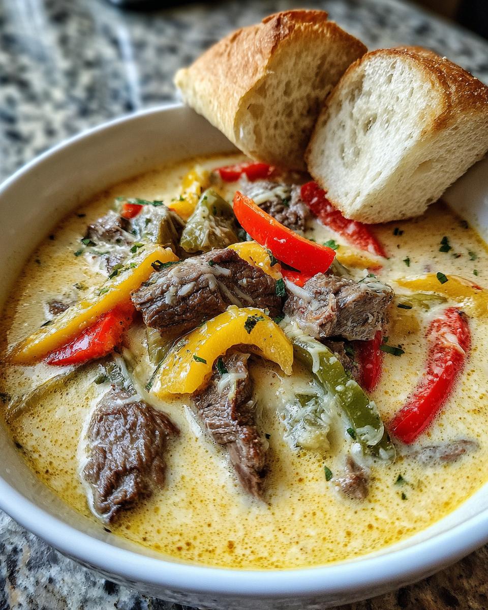 A close-up of a bowl of creamy philly cheese steak soup, topped with steak, colorful peppers, and cheese, served with bread.