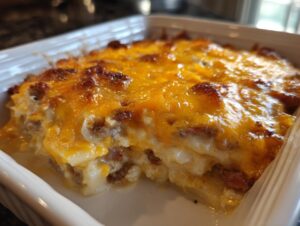 Close-up of a creamy pierogi casserole topped with bubbly, browned cheddar cheese.