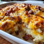 A close-up view of a creamy pierogi casserole topped with melted cheddar cheese, sausage, and crispy bacon bits.