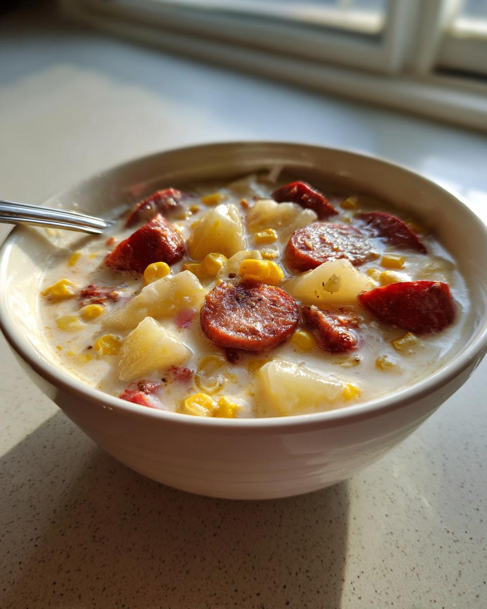 Close-up of a creamy bowl of potato and sausage chowder with corn kernels, served in sunlight.