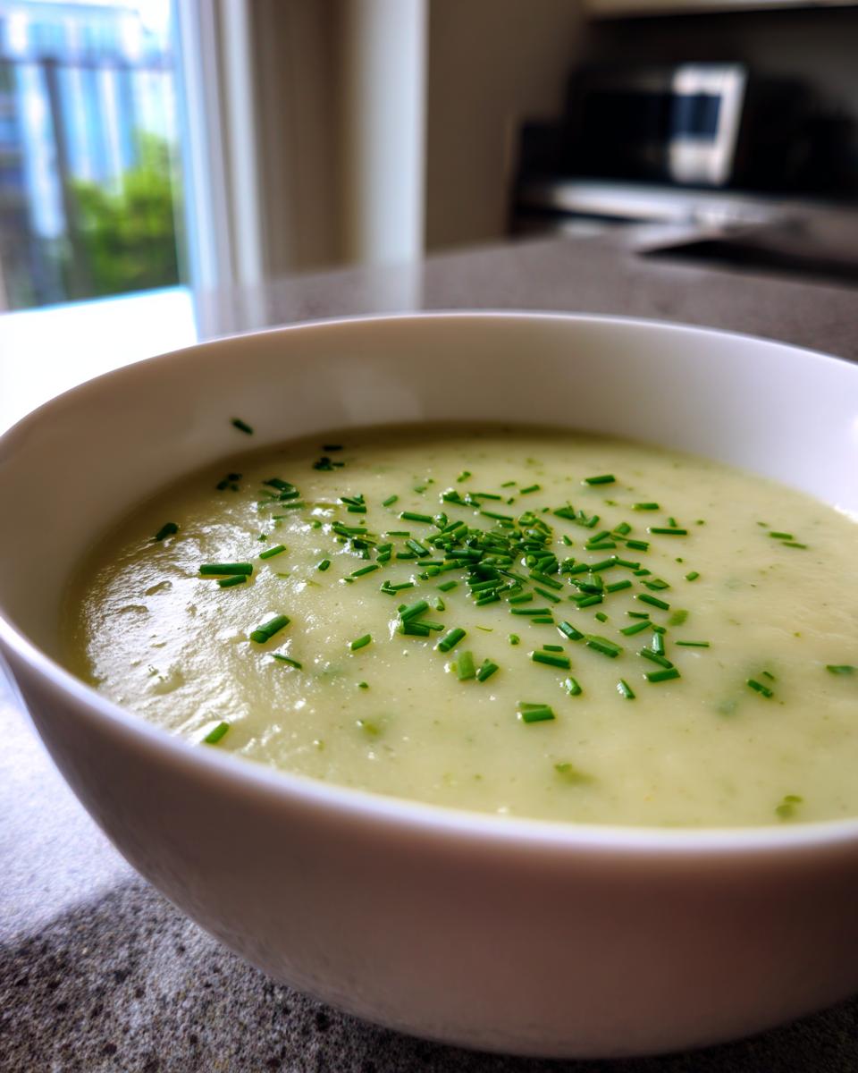 Close-up of a bowl of creamy potato leek soup garnished generously with chopped fresh chives.