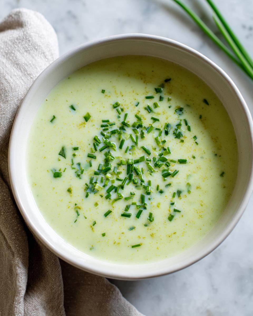 Overhead close-up of creamy potato leek soup topped generously with fresh chopped chives.