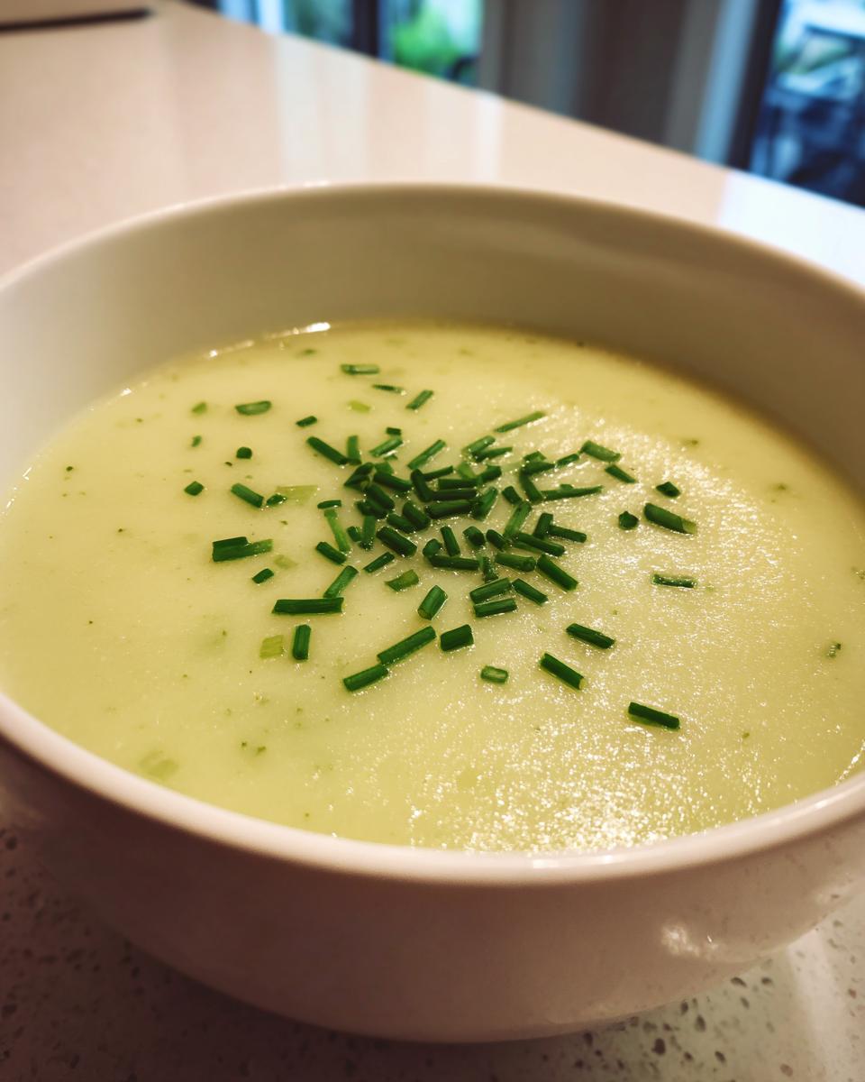 Close-up of a bowl of creamy potato leek soup garnished generously with chopped green chives.
