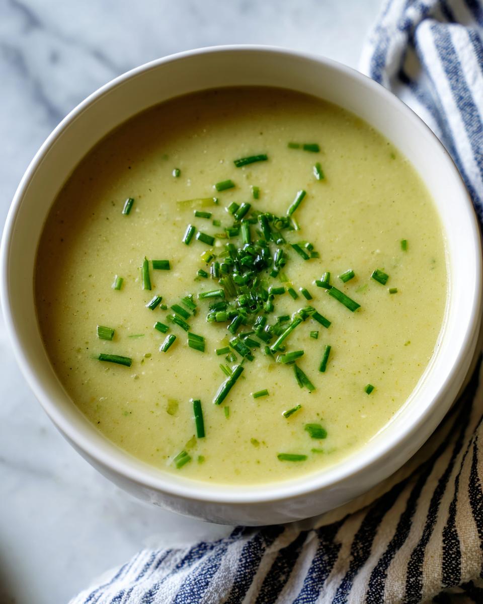 Overhead view of a bowl of creamy potato leek soup garnished generously with chopped fresh chives.