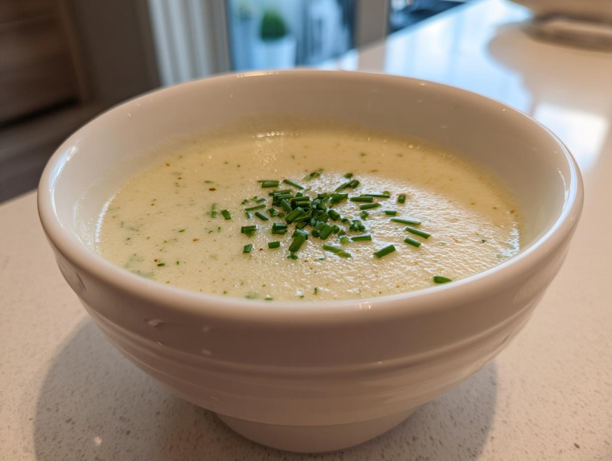 Close-up of a white bowl filled with creamy potato leek soup, topped with fresh chopped chives.