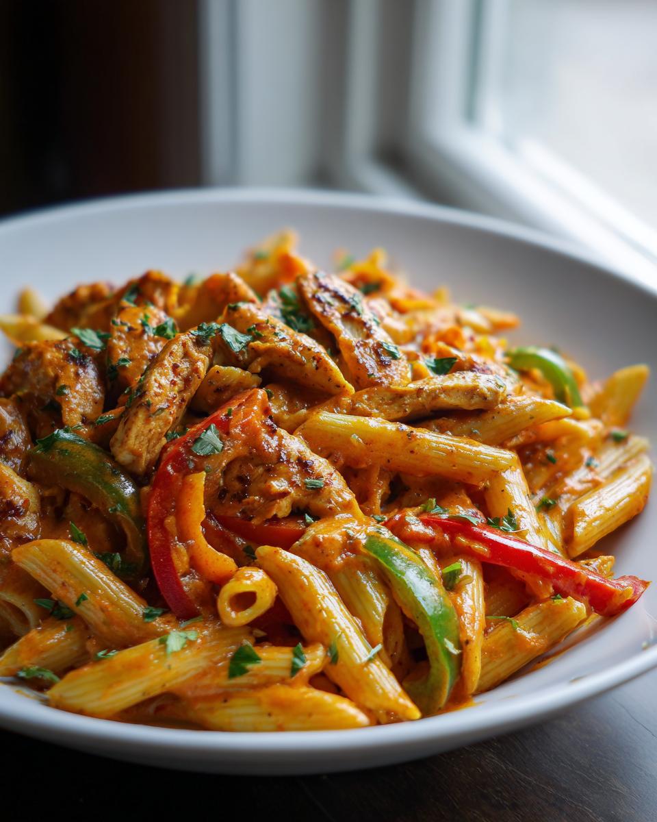 A close-up of a white bowl filled with creamy Rasta pasta, featuring penne, sliced chicken, and colorful bell peppers.