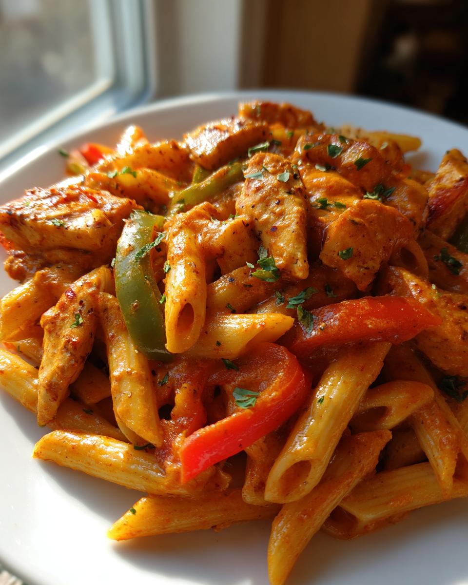 A close-up, brightly lit serving of Rasta Pasta featuring penne, chicken pieces, and colorful bell peppers coated in a creamy orange sauce.