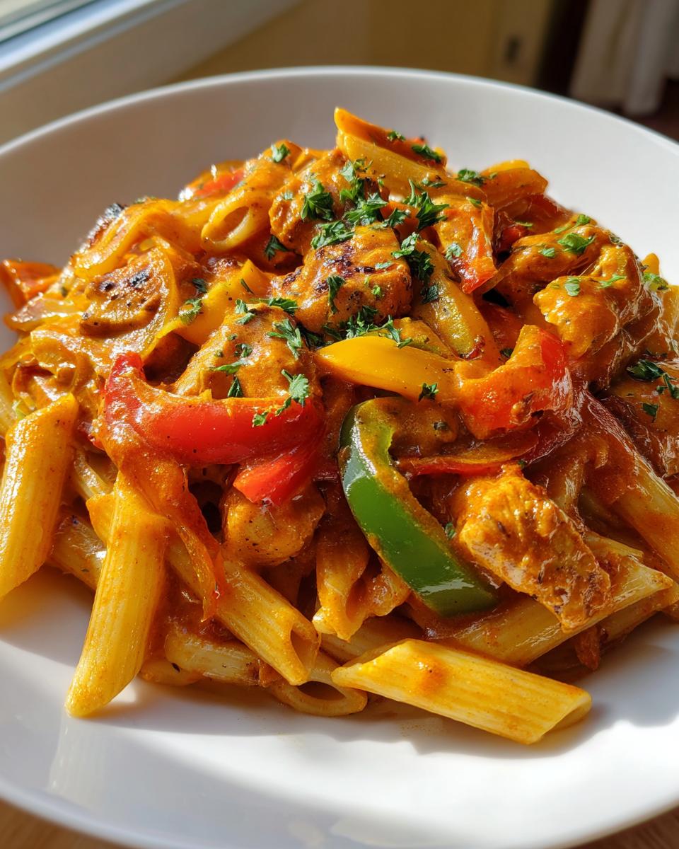 A close-up view of a bowl of vibrant Rasta Pasta featuring penne, chicken pieces, and colorful bell peppers in a creamy orange sauce.