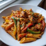 Close-up of a bowl of creamy Rasta pasta mixed with colorful bell peppers and seasoned chicken pieces.