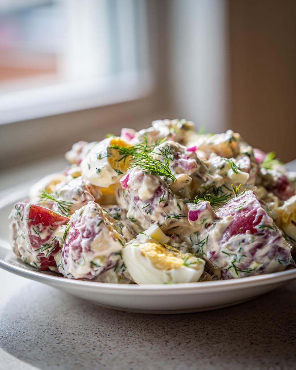 Close-up of creamy red potato salad mixed with chopped hard-boiled eggs and fresh dill.