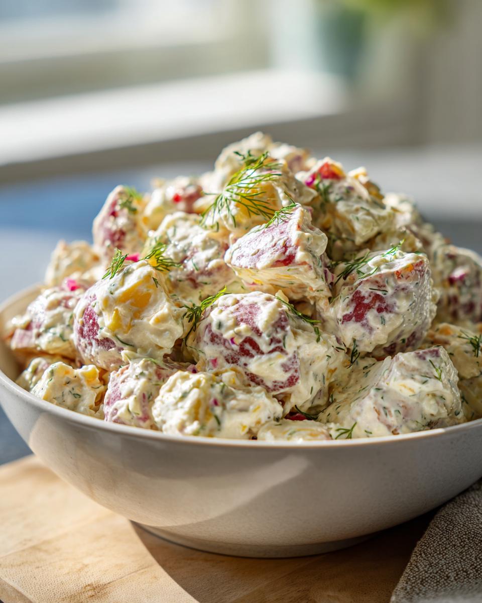 Close-up of a large bowl filled with creamy red potato salad, garnished with fresh dill.