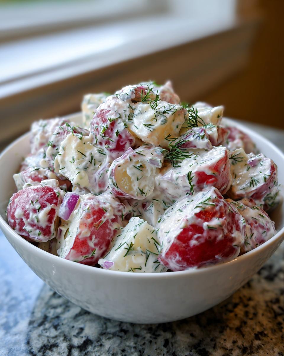 Close-up of creamy red potato salad tossed with dill and red onion pieces in a white serving bowl.