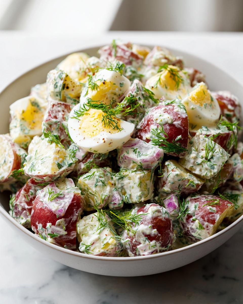 Close-up of a bowl of creamy red potato salad mixed with chopped red onion, hard-boiled eggs, and fresh dill.