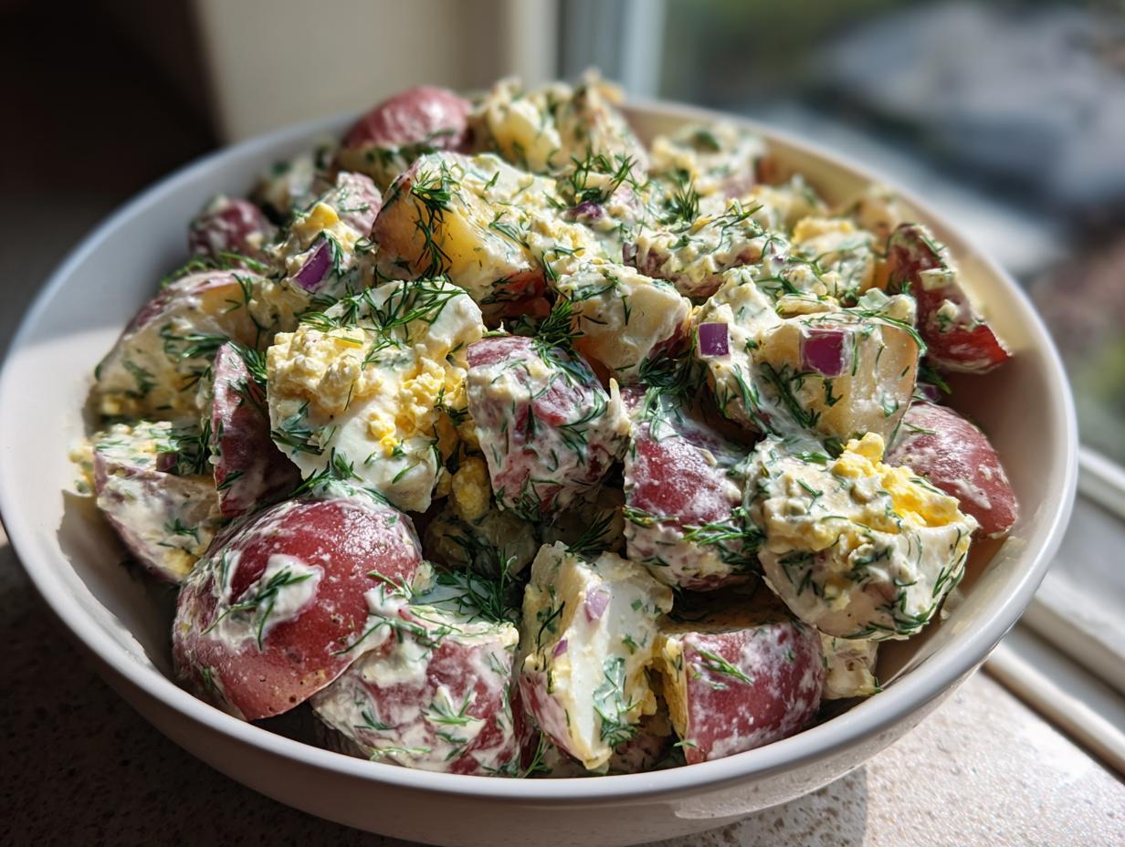 Close-up of a bowl filled with creamy red potato salad, featuring chunks of red potato, chopped egg, and fresh dill.