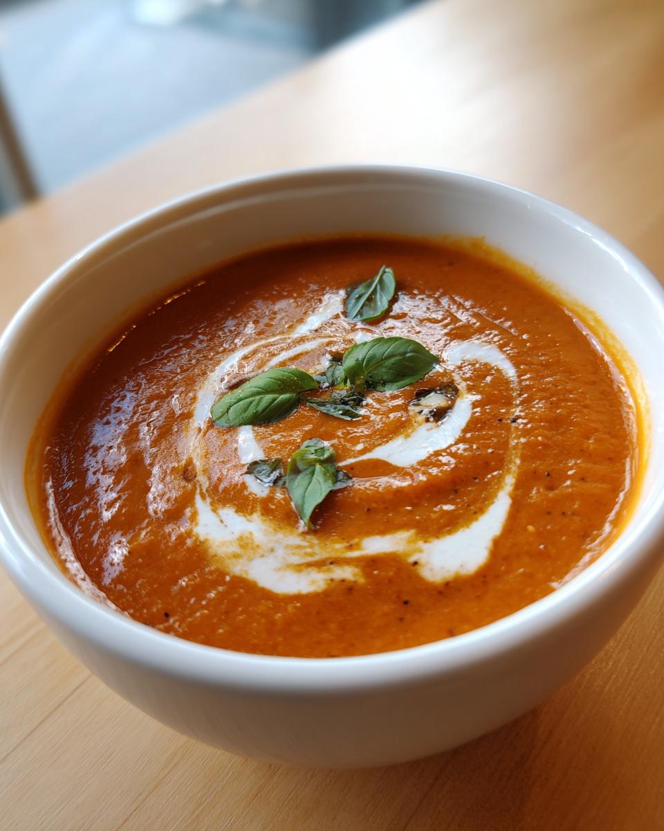Close-up of a vibrant bowl of roasted tomato soup, swirled with cream and garnished with fresh basil leaves.
