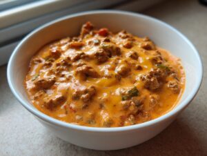 A close-up of a white bowl filled with hot, creamy rotel dip featuring ground meat and melted orange cheese.