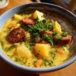 Close-up of a creamy, yellow bowl of sauerkraut soup featuring chunks of potato, sliced smoked sausage, and fresh parsley garnish.