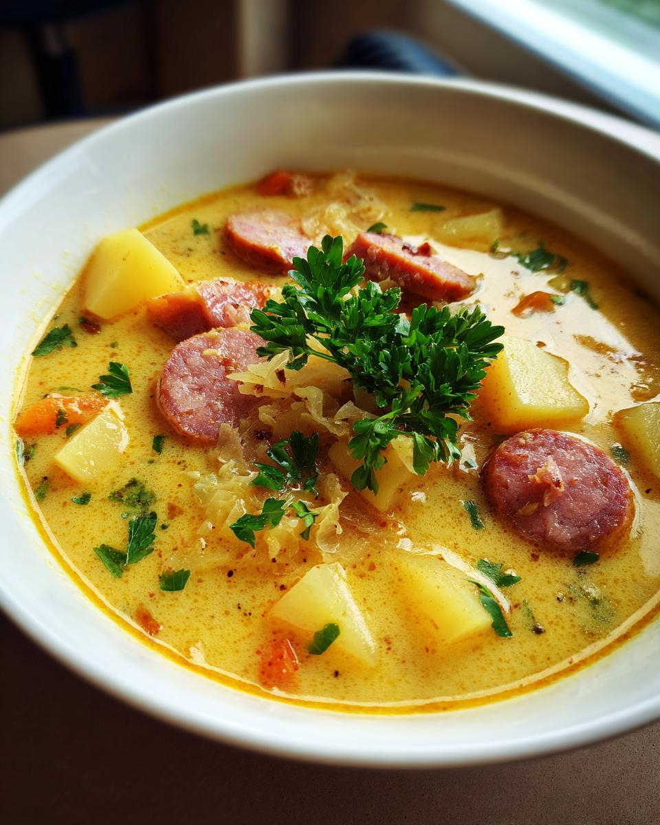 Close-up of a creamy, yellow sauerkraut soup filled with chunks of potato, sliced smoked sausage, and garnished with fresh parsley.