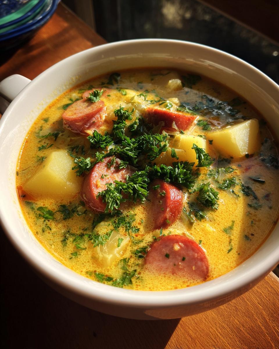 Close-up of a creamy, yellow sauerkraut soup garnished with sliced sausage, potato chunks, and fresh parsley.