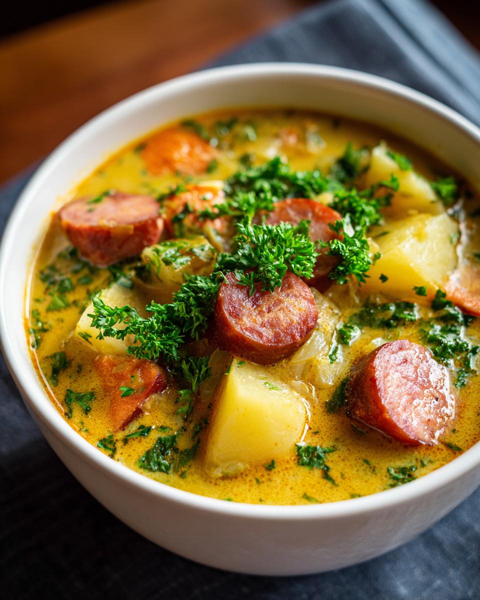 Close-up of a creamy, yellow bowl of sauerkraut soup featuring chunks of potato, sliced smoked sausage, and fresh parsley garnish.
