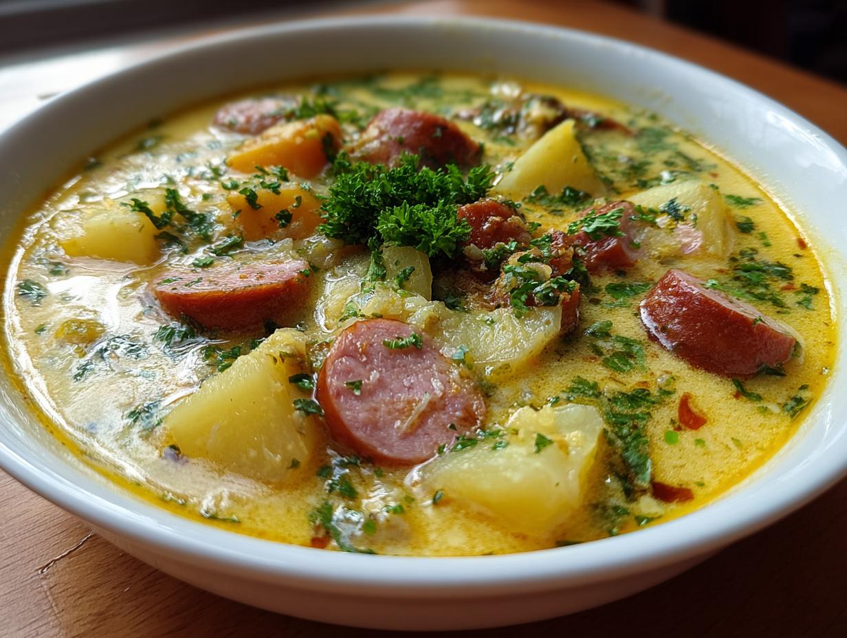 A close-up of a hearty bowl of creamy sauerkraut soup featuring chunks of potato and sliced smoked sausage, garnished with parsley.