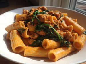 Close-up of creamy sausage pasta featuring rigatoni tubes coated in a rich orange sauce with crumbled sausage and wilted spinach.