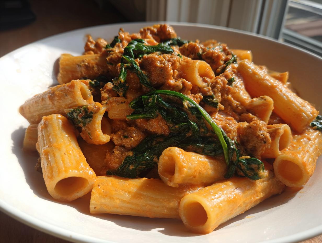 Close-up of creamy sausage pasta featuring rigatoni tubes coated in a rich orange sauce with crumbled sausage and wilted spinach.