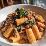 Close-up of creamy sausage pasta featuring rigatoni tubes, ground sausage, and wilted spinach, garnished with basil.