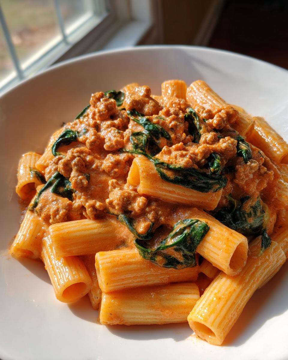 Close-up of creamy sausage pasta made with rigatoni and wilted spinach, served in a white bowl.