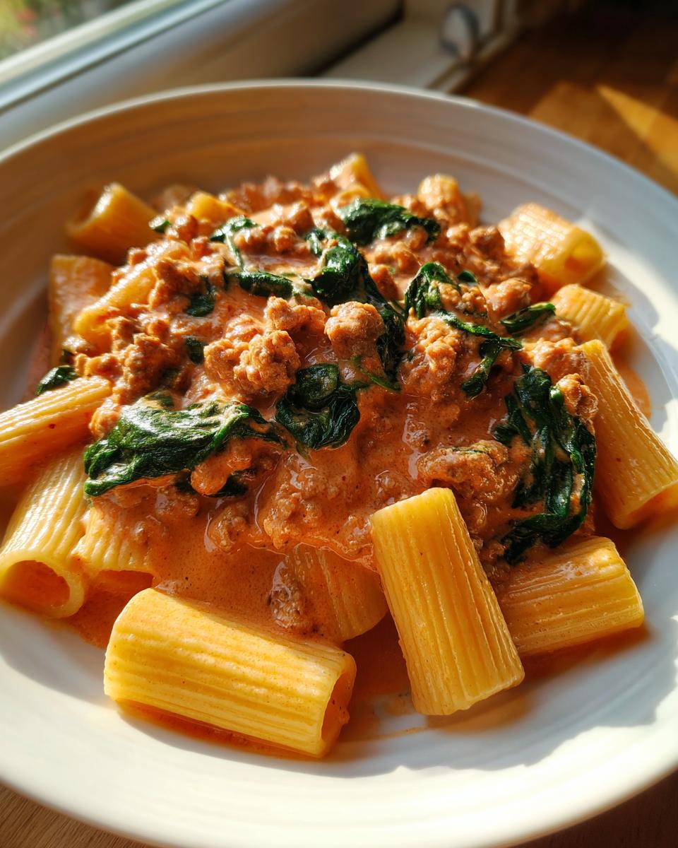 Close-up of creamy sausage pasta featuring rigatoni noodles coated in a rich, orange sauce with ground sausage and wilted spinach.