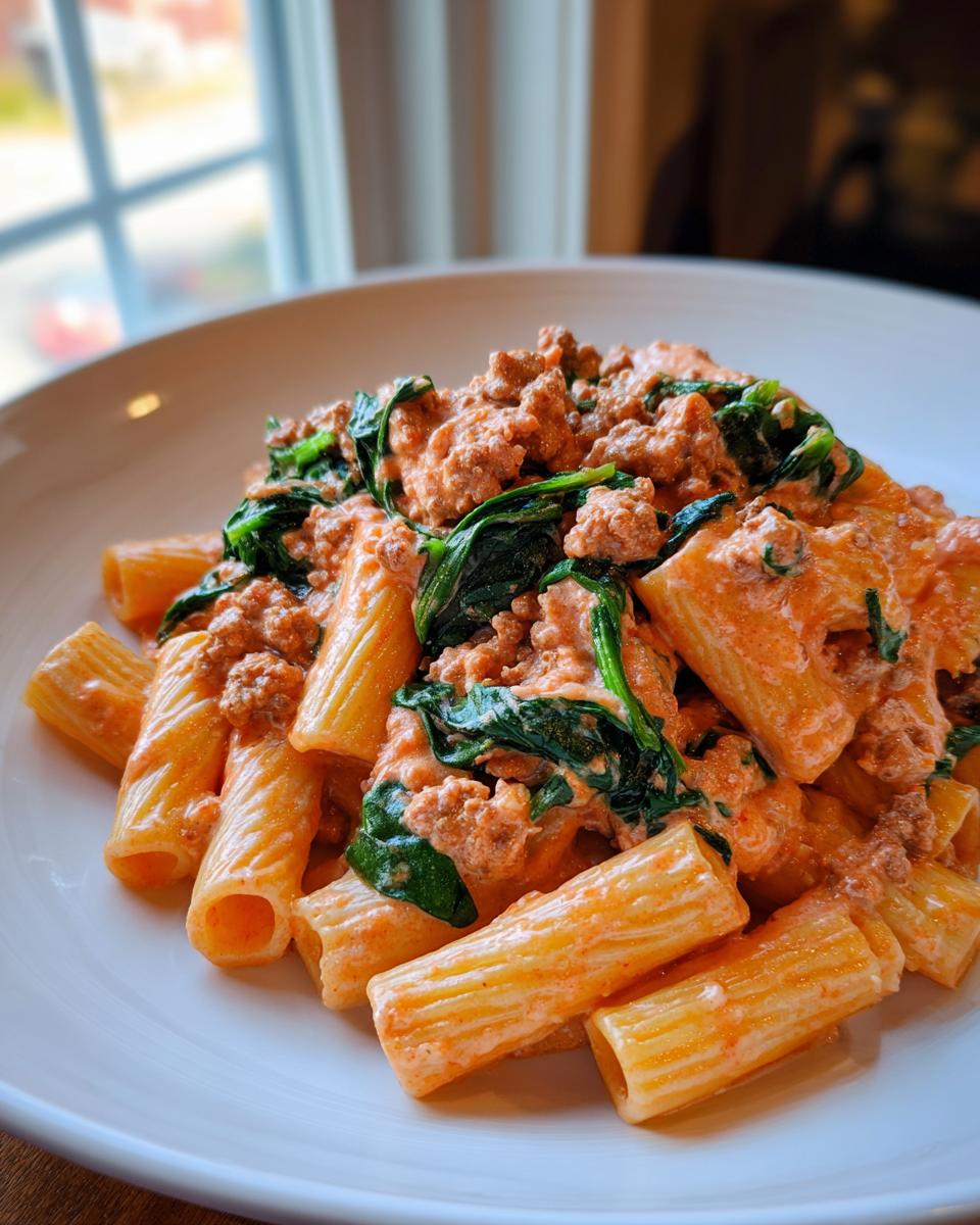 Close-up of creamy sausage pasta featuring rigatoni, ground sausage, and wilted spinach in a white bowl.