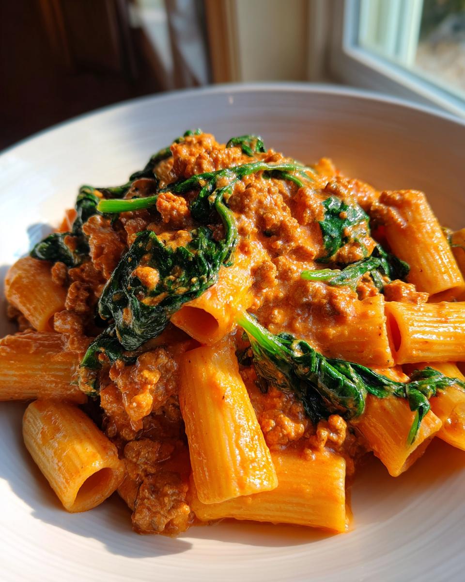 Close-up of creamy sausage pasta mixed with wilted spinach served in a white bowl.
