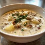 Close-up of a bowl of creamy sausage potato soup, topped with crumbled sausage and fresh parsley.