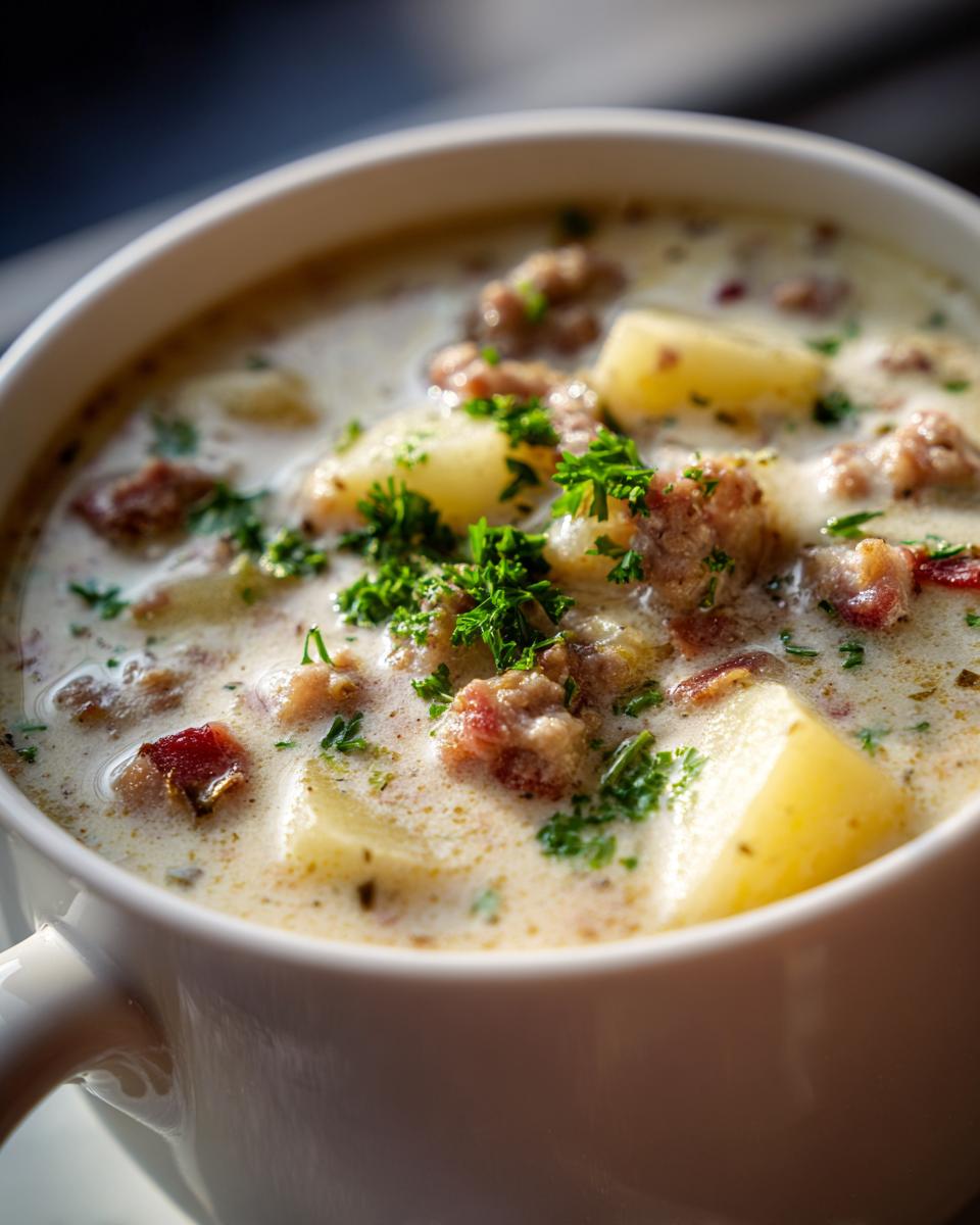 Close-up of a hearty bowl of creamy sausage potato soup garnished with fresh parsley.