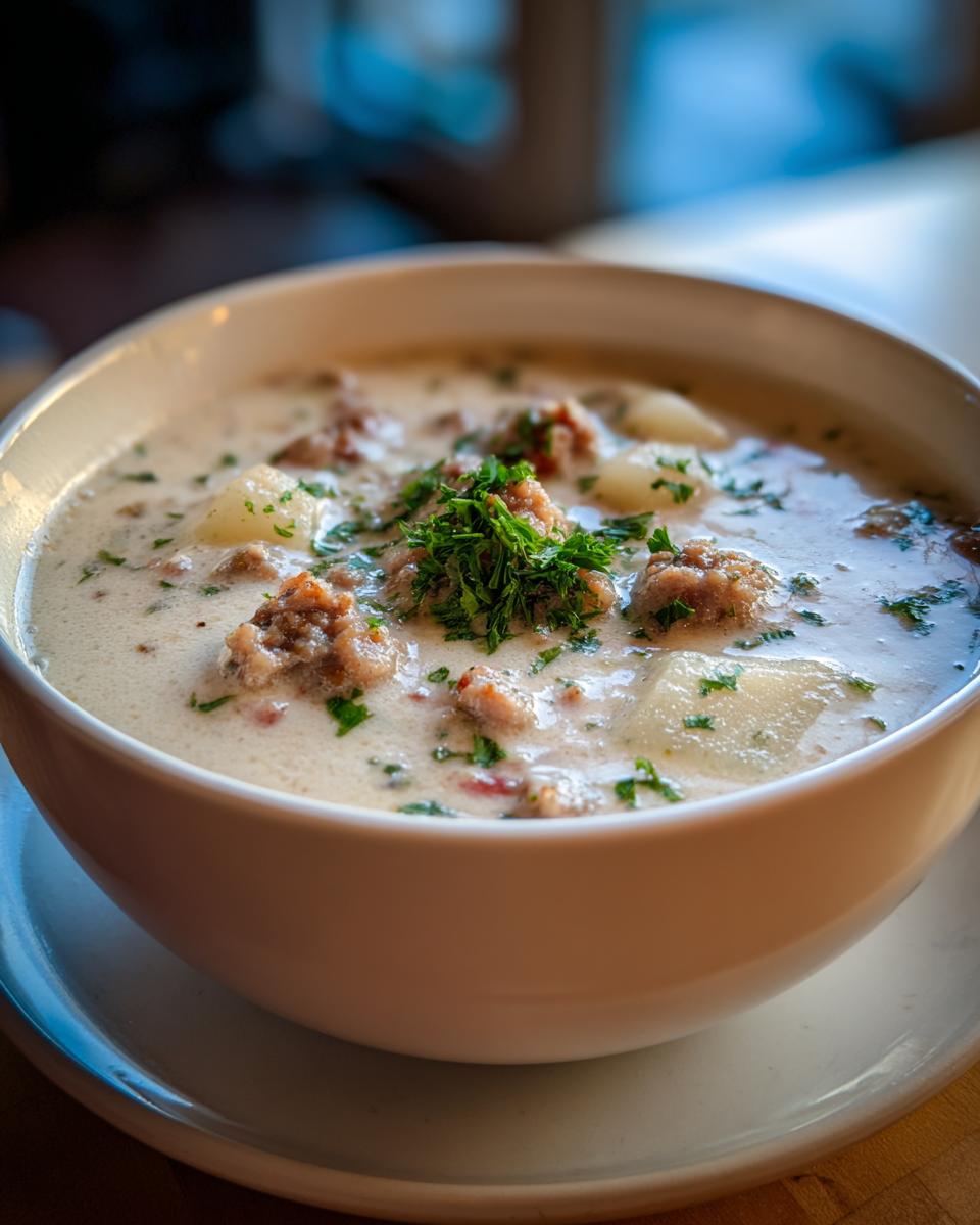 Close-up of a creamy sausage potato soup, featuring chunks of sausage and potato, garnished with fresh parsley.