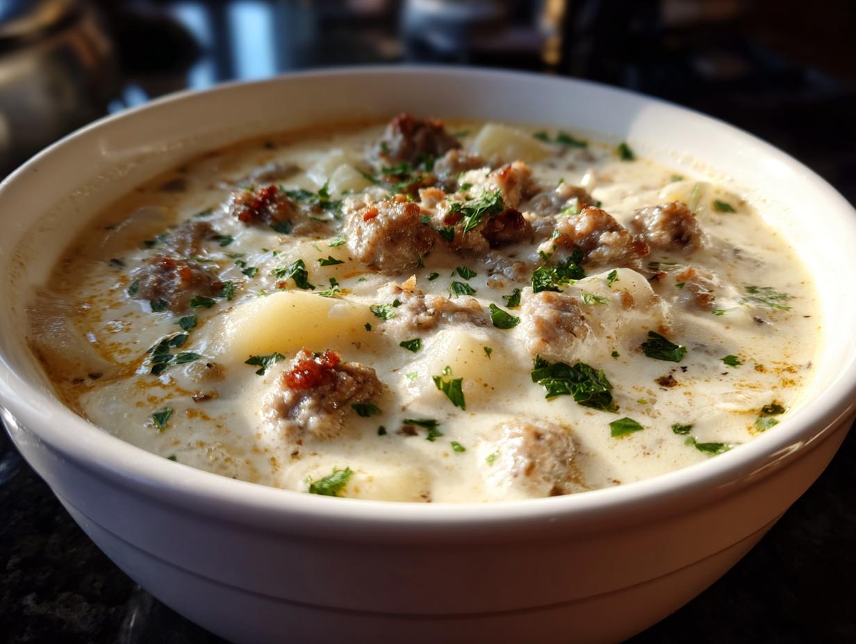 Close-up of a rich, creamy sausage potato soup featuring chunks of potato, browned sausage, and fresh parsley garnish.