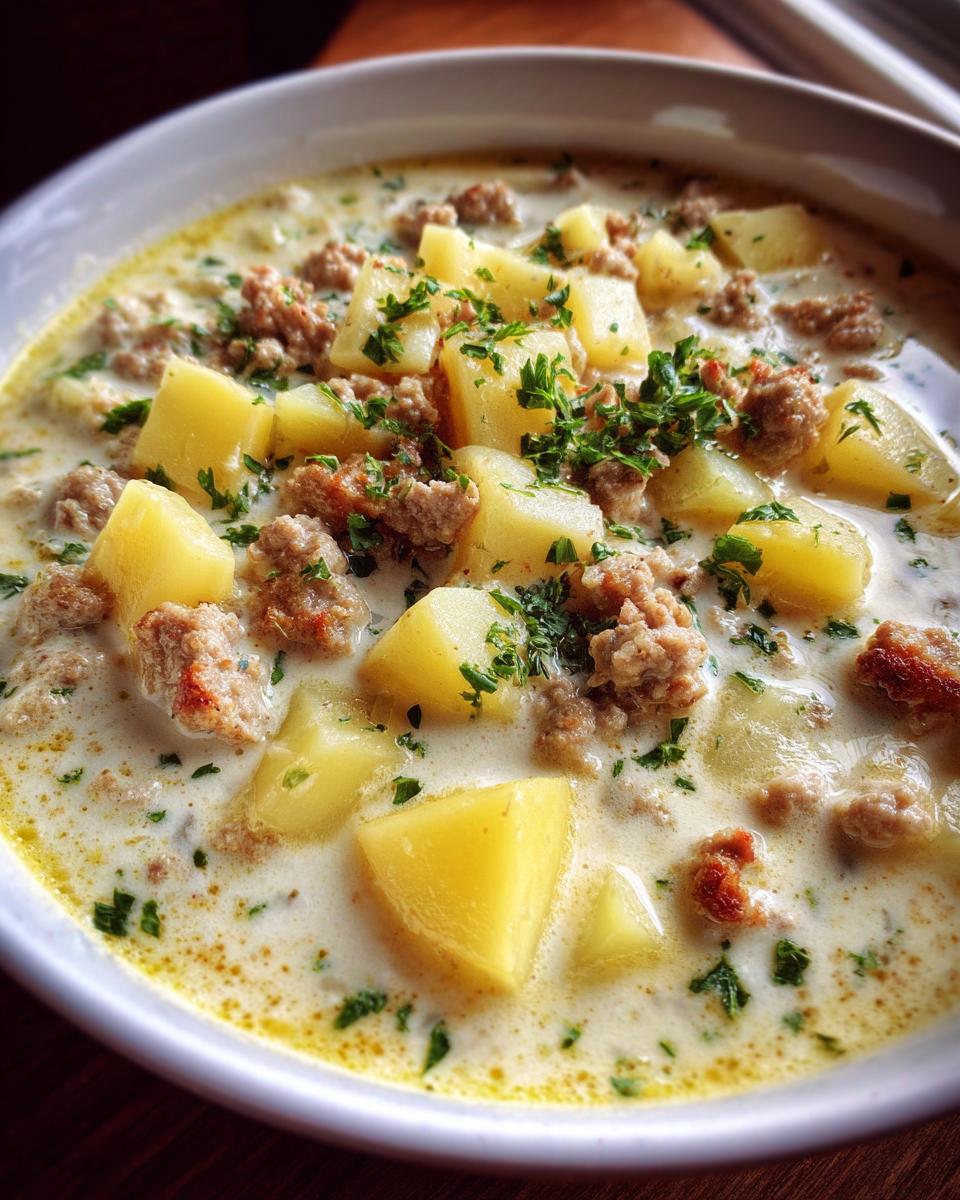Close-up of a creamy sausage potato soup, featuring chunks of yellow potato, crumbled sausage, and fresh parsley.